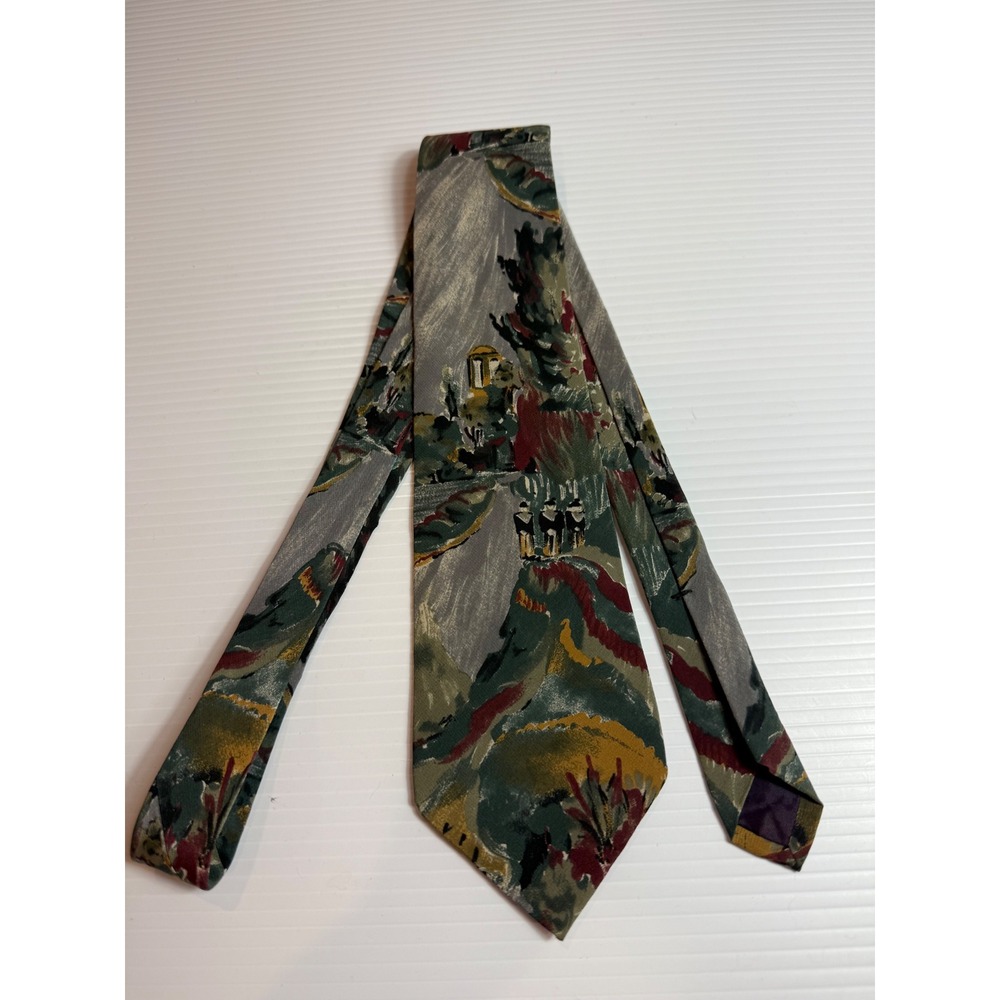 Brandini All Silk Necktie Abstract Landscape Gray Green Burgundy Made In USA